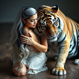 A captivating scene featuring a woman kneeling on the floor, with striking white and black hair styled elegantly