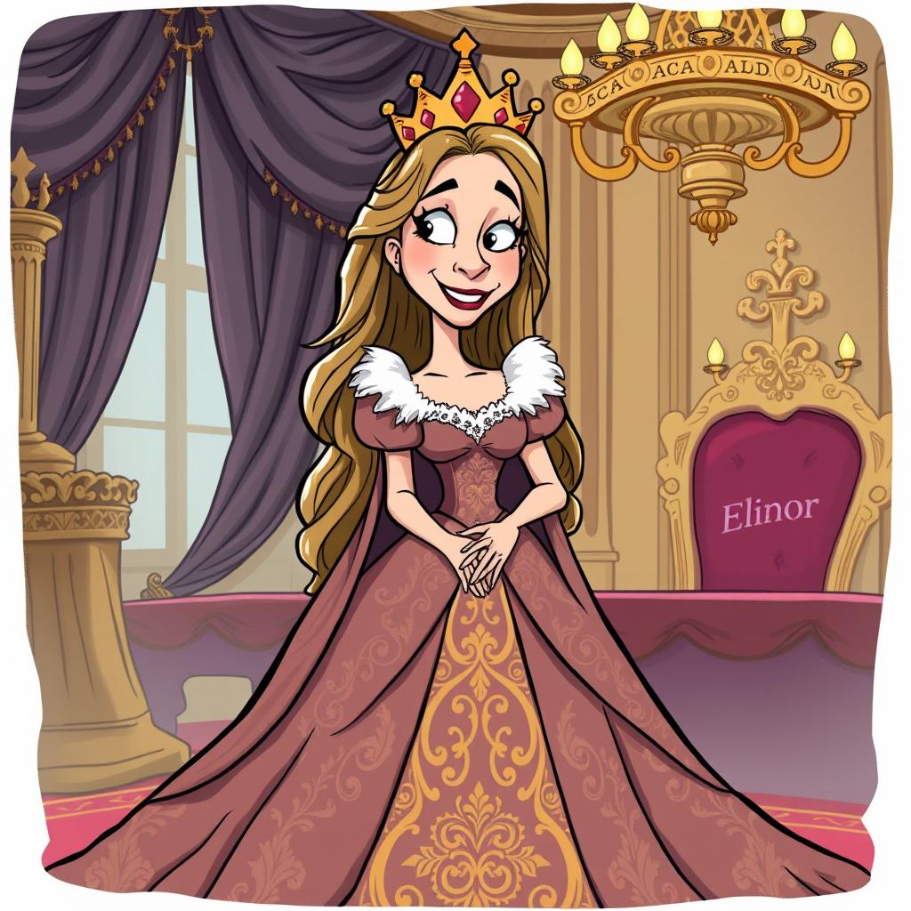 A humorous and whimsical illustration of a fictional queen named Elinor in a regal setting, with a playful expression