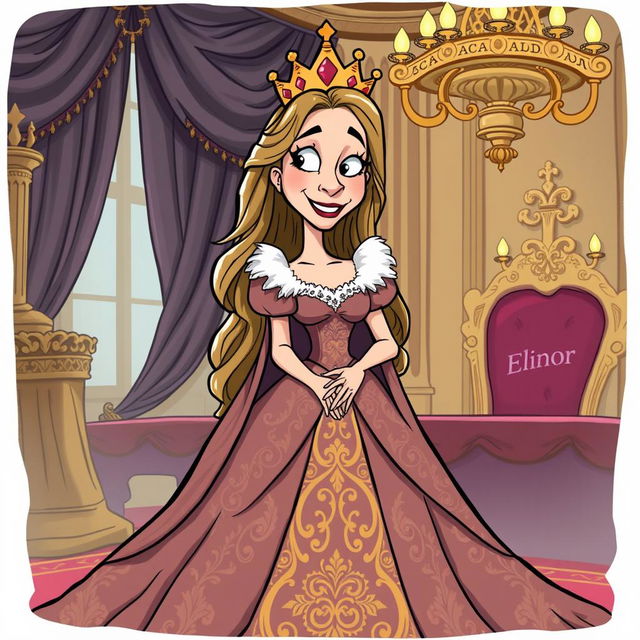 A humorous and whimsical illustration of a fictional queen named Elinor in a regal setting, with a playful expression