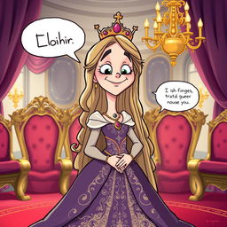 A humorous and whimsical illustration of a fictional queen named Elinor in a regal setting, with a playful expression
