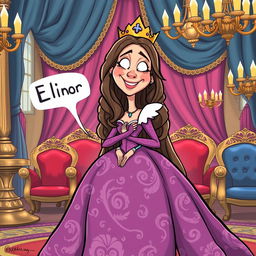 A humorous and whimsical illustration of a fictional queen named Elinor in a regal setting, with a playful expression