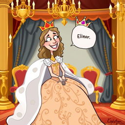 A humorous and whimsical illustration of a fictional queen named Elinor in a regal setting, with a playful expression