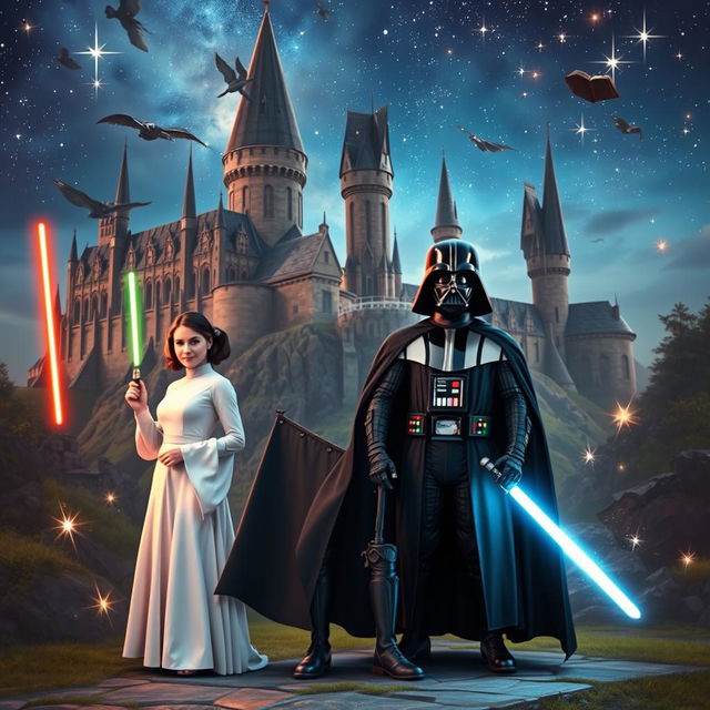 A fantasy crossover scene featuring characters from Harry Potter and Star Wars, standing together in a mystical location