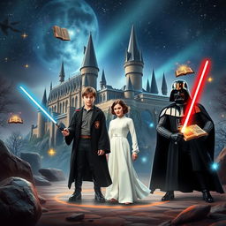 A fantasy crossover scene featuring characters from Harry Potter and Star Wars, standing together in a mystical location
