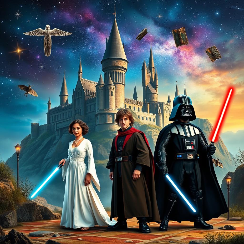 A fantasy crossover scene featuring characters from Harry Potter and Star Wars, standing together in a mystical location