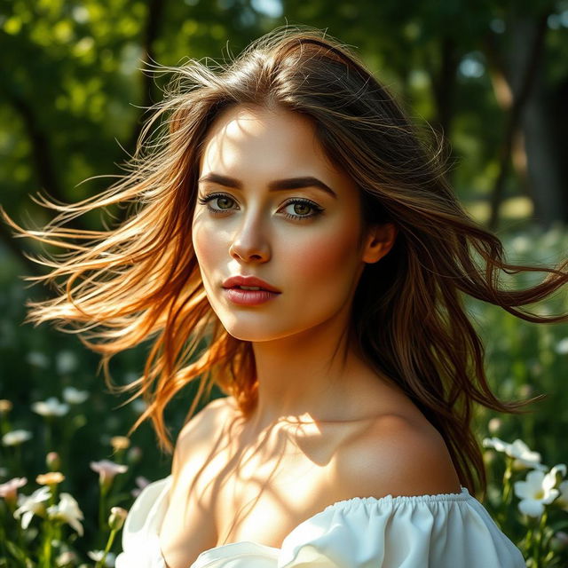 A serene and artistic representation of a confident and elegant woman with flowing hair, posed in a natural landscape, surrounded by lush greenery and soft flowers