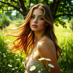 A serene and artistic representation of a confident and elegant woman with flowing hair, posed in a natural landscape, surrounded by lush greenery and soft flowers