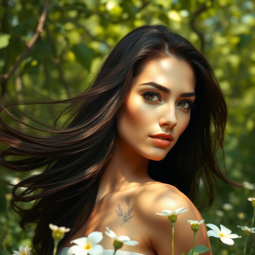 A serene and artistic representation of a confident and elegant woman with flowing hair, posed in a natural landscape, surrounded by lush greenery and soft flowers