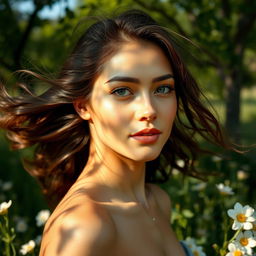 A serene and artistic representation of a confident and elegant woman with flowing hair, posed in a natural landscape, surrounded by lush greenery and soft flowers