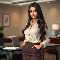 A beautiful long-haired secretary with striking black doll eyes, dressed in a conservative outfit