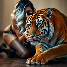 A stunning, close-up photograph of a woman with striking white and black hair styled in elegant waves, kneeling gracefully on the floor