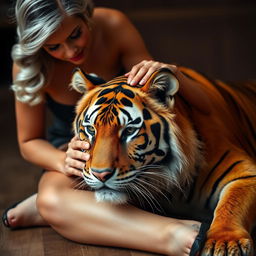 A stunning, close-up photograph of a woman with striking white and black hair styled in elegant waves, kneeling gracefully on the floor