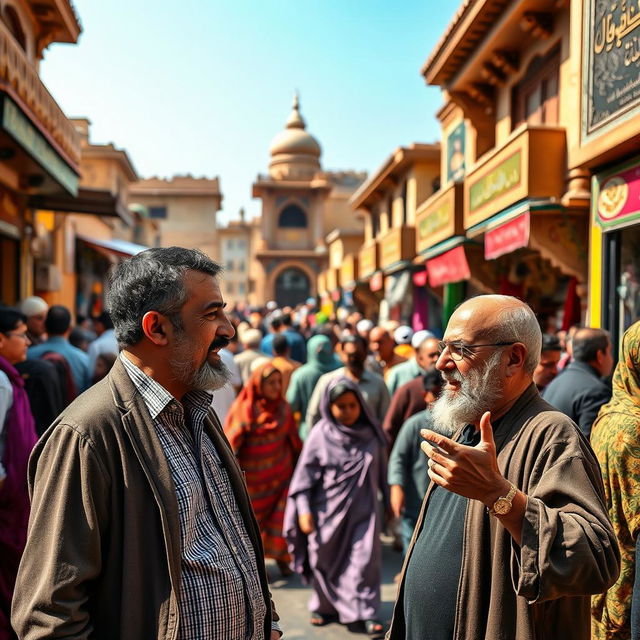 A vibrant street scene in Karbala, bustling with activity