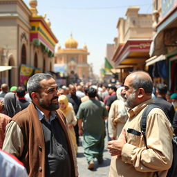 A vibrant street scene in Karbala, bustling with activity