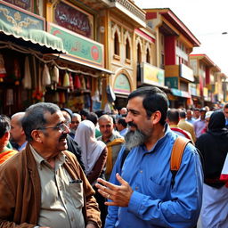 A vibrant street scene in Karbala, bustling with activity