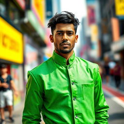 A visually striking scene featuring a man prominently dressed in a vibrant green outfit, standing confidently