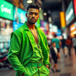 A visually striking scene featuring a man prominently dressed in a vibrant green outfit, standing confidently