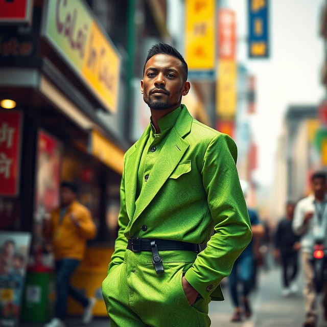 A visually striking scene featuring a man prominently dressed in a vibrant green outfit, standing confidently