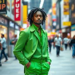 A visually striking scene featuring a man prominently dressed in a vibrant green outfit, standing confidently