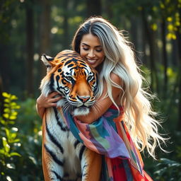A captivating photograph of a woman with striking, long white and black hair, styled effortlessly as she shares a warm hug with a majestic tiger