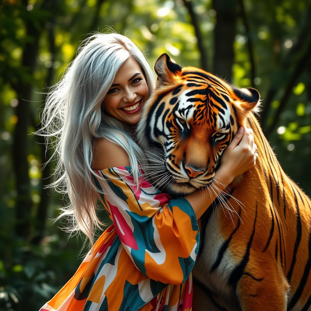 A captivating photograph of a woman with striking, long white and black hair, styled effortlessly as she shares a warm hug with a majestic tiger