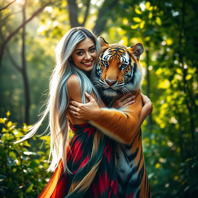 A captivating photograph of a woman with striking, long white and black hair, styled effortlessly as she shares a warm hug with a majestic tiger