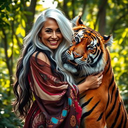 A captivating photograph of a woman with striking, long white and black hair, styled effortlessly as she shares a warm hug with a majestic tiger