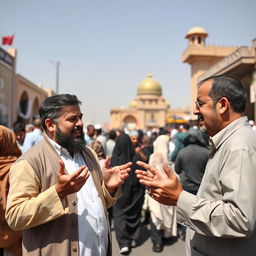 A lively street in Karbala, particularly near the Haram, bustling with crowds