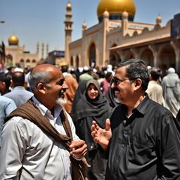 A lively street in Karbala, particularly near the Haram, bustling with crowds
