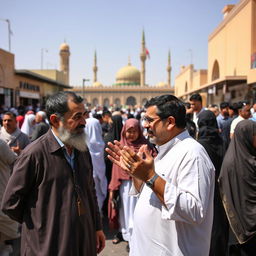 A lively street in Karbala, particularly near the Haram, bustling with crowds