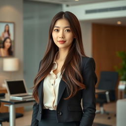 A beautiful long-haired Korean secretary with light skin and warm brown eyes, dressed in a conservative outfit