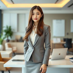 A beautiful long-haired Korean secretary with light skin and warm brown eyes, dressed in a conservative outfit