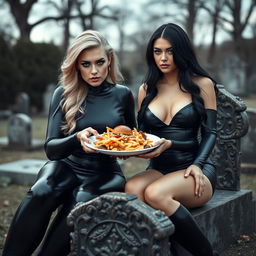 A photographic image depicting a thick, curvy, shapely, and extraordinarily beautiful young woman with luxurious blond hair, dressed in a very tight black latex catsuit that perfectly contours her body