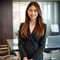 A beautiful long-haired Korean secretary with straight hair, light skin, and warm brown eyes, elegantly dressed in a conservative outfit