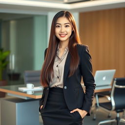 A beautiful long-haired Korean secretary with straight hair, light skin, and warm brown eyes, elegantly dressed in a conservative outfit