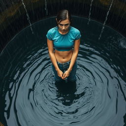 A slim woman wearing a teal cropped t-shirt and blue jeans, cuffed to a metal gate