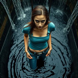 A slim woman wearing a teal cropped t-shirt and blue jeans, cuffed to a metal gate