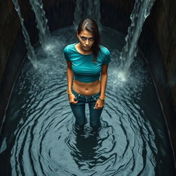 A slim woman wearing a teal cropped t-shirt and blue jeans, cuffed to a metal gate