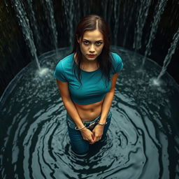 A slim woman wearing a teal cropped t-shirt and blue jeans, cuffed to a metal gate