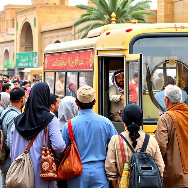 A vibrant scene in the streets of Najaf, showcasing a bus ready for its journey to Karbala