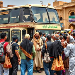 A vibrant scene in the streets of Najaf, showcasing a bus ready for its journey to Karbala