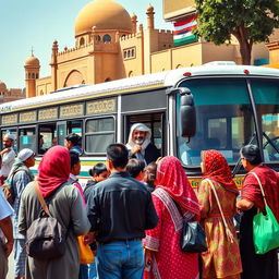 A vibrant scene in the streets of Najaf, showcasing a bus ready for its journey to Karbala