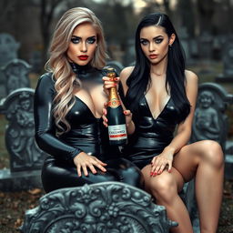 A photographic image capturing a thick, curvy, shapely, and incredibly beautiful young woman with striking blond hair, dressed in a very tight black latex catsuit that accentuates her alluring physique