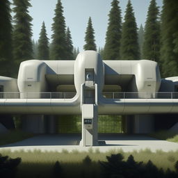 front view of entrance of futuristic maximum-security penitentiary including security cameras in the middle of forest in broad daylight based on https://files.dreamhome.software/files/static/37174