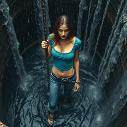 A slim woman wearing a teal cropped t-shirt and cuffed blue jeans, is chained to a metal gate in a deep pit filled with dark, flowing water