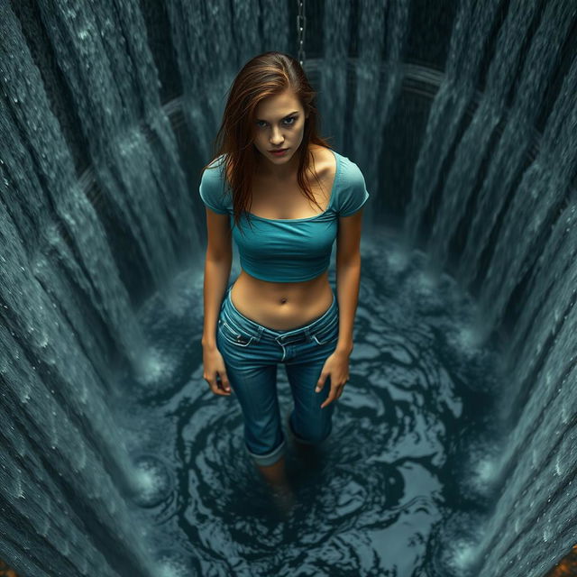 A slim woman wearing a teal cropped t-shirt and cuffed blue jeans, is chained to a metal gate in a deep pit filled with dark, flowing water