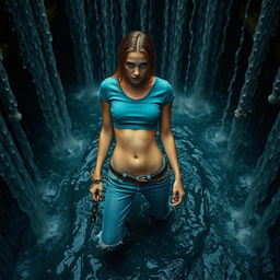 A slim woman wearing a teal cropped t-shirt and cuffed blue jeans, is chained to a metal gate in a deep pit filled with dark, flowing water