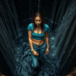 A slim woman wearing a teal cropped t-shirt and cuffed blue jeans, is chained to a metal gate in a deep pit filled with dark, flowing water