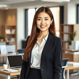 A beautiful long-haired Korean secretary with straight hair, light skin, and warm brown eyes, elegantly dressed in a conservative outfit