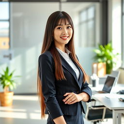 A beautiful long-haired Korean secretary with straight hair, light skin, and warm brown eyes, elegantly dressed in a conservative outfit